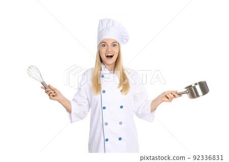 Young female chef isolated on white background Young female chef isolated on white background 92336831