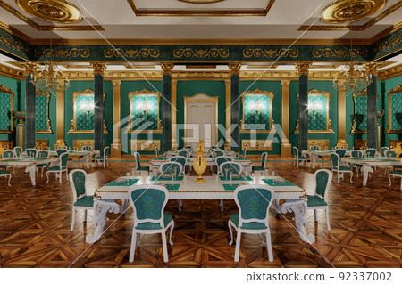 The ballroom and restaurant in classic style. 3D render. The ballroom and restaurant in classic style. 3D render. 92337002