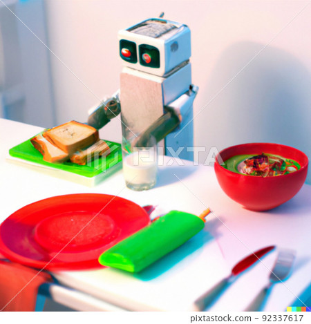 Robotic chef preparing meal frying pan, electronic stove oven. Creative design robot toy, automation smart home concept. illustration Robotic chef preparing meal frying pan, electronic stove oven. Creative design robot toy, automation smart home concept. illustration 92337617