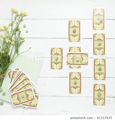 Concept of psychic advisor or ways of divination with cards. Concept of psychic advisor or ways of divination with cards. 92337635