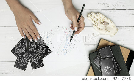 Concept of psychic advisor or ways of divination with cards. 92337788