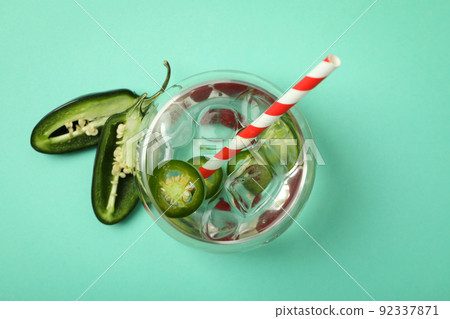 Concept of drink with jalapeno cocktail, top view 92337871