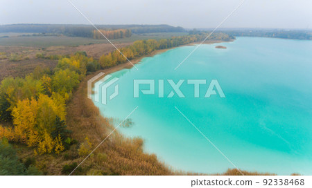 Top view aerial drone photo of lake with turquoise water 92338468