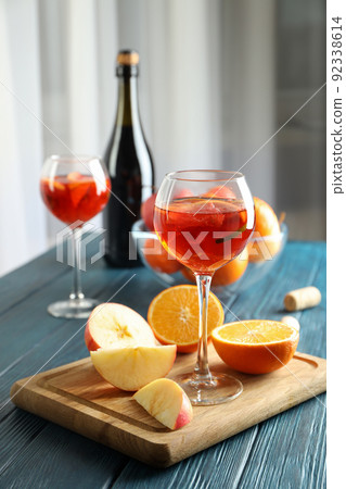 Concept of alcohol drink with Sangria on wooden table 92338614