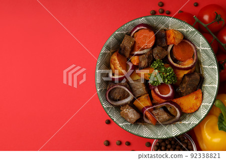 Concept of tasty food with beef with vegetables, space for text 92338821