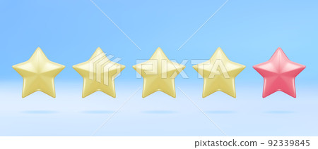 Five stars, yellow and red. The concept of rating reviews. Realistic 3d object design. Vector illustration. 92339845