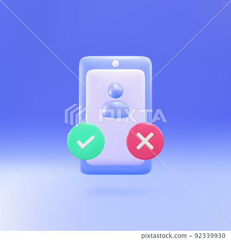 3d Smartphone with check mark and cross mark. Dating, recruitment, survey, choice, , yes and no, voting concept. Vector illustration. 92339930