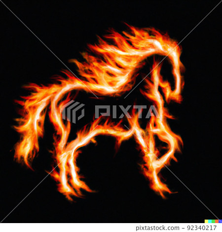 Abstract illustration of running horse in fire background. 92340217