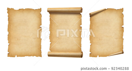 Old Parchment paper scroll set isolated on white. Vertical banners Old Parchment paper scroll set isolated on white. Vertical banners 92340288