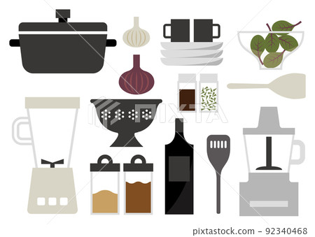 Cooking utensils, ingredients and kitchen appliances white sideways 92340468