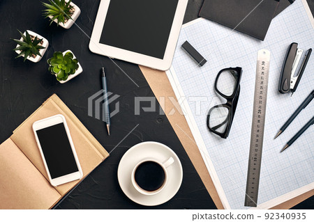 Architect's work tools on black background. Top view Architect's work tools on black background. Top view 92340935