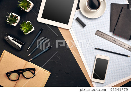 Architect's work tools on black background. Top view 92341779