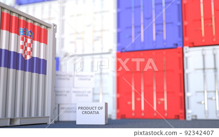 Box with PRODUCT OF CROATIA text and cargo containers. 3D rendering 92342407