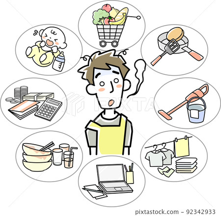 A young man exhausted from the busyness of housework and childcare work A young man exhausted from the busyness of housework and childcare work 92342933