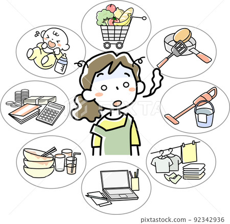 A young woman exhausted from the busyness of housework and childcare work 92342936