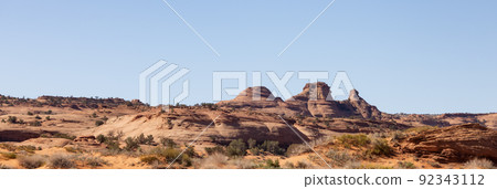 Desert Rocky Mountain American Landscape. Sunny Blue Sky Day. Desert Rocky Mountain American Landscape. Sunny Blue Sky Day. 92343112