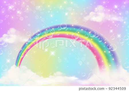 Rainbow background with clouds and sprinkles in watercolor style on pink background. Fantasy pastel color. Realistic vector cartoon illustration. Rainbow background with clouds and sprinkles in watercolor style on pink background. Fantasy pastel color. Realistic vector cartoon illustration. 92344509