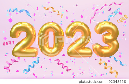 Happy new year 2023. Realistic golden foil balloons 3D. 92348238