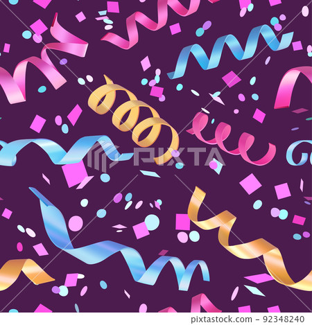 Colorful falling confetti, seamless carnival pattern. 3d realistic streamers with confetti. Colorful falling confetti, seamless carnival pattern. 3d realistic streamers with confetti. 92348240