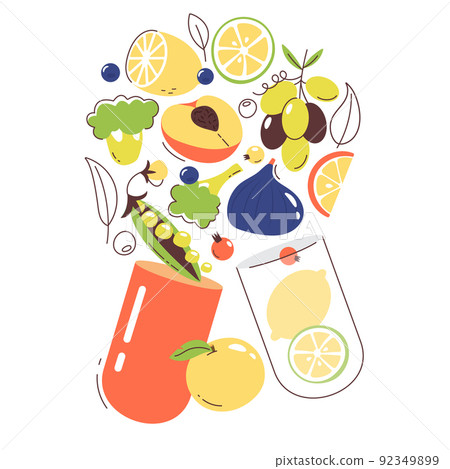 Open capsule tablet with fruits and vegetables. Vector set consists of vitamins and minerals on a white background. Mineral supplements. 92349899