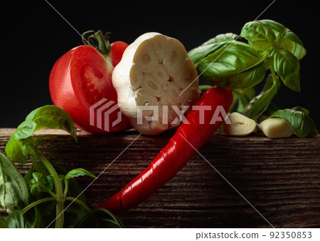 Ingredients for making spicy tomato sauce. Ingredients for making spicy tomato sauce. 92350853