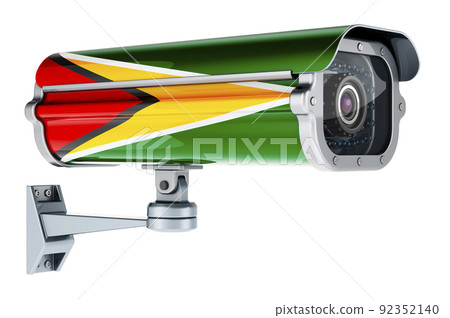 Surveillance camera with Guyanese flag. 3D rendering Surveillance camera with Guyanese flag. 3D rendering 92352140