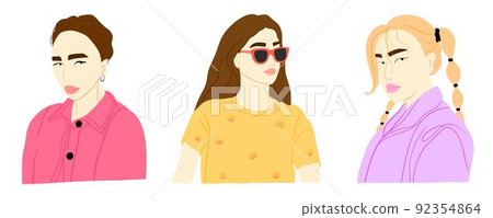 Three girls dressed in trendy clothes. Bundle of hipster girls. Girl power concept. Hand drawn colored illustration Three girls dressed in trendy clothes. Bundle of hipster girls. Girl power concept. Hand drawn colored illustration 92354864