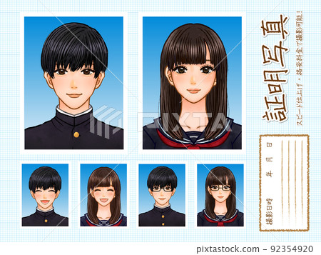 拍攝證件照的高中女生和高中男生的插圖素材 92354920