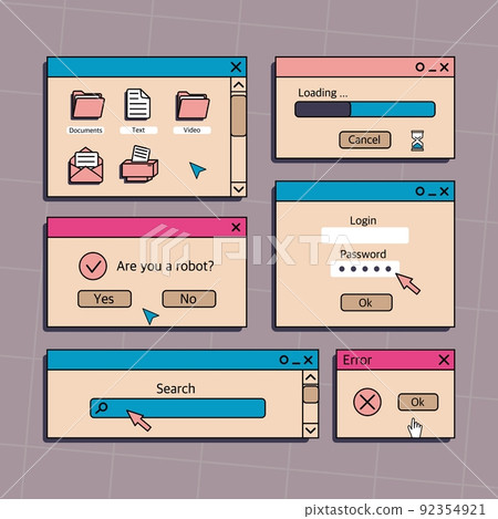 A set of user interface elements, UI and UX themes. In the vaporwave style of the 80-90s, retro collage. Vector illustration of windows and icons . 92354921