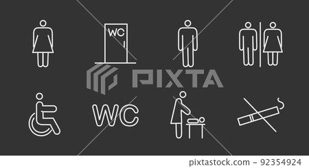 A set of toilet navigation icons. Wayfinding wc female male for disabled and mother and child room. Vector illustration A set of toilet navigation icons. Wayfinding wc female male for disabled and mother and child room. Vector illustration 92354924