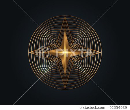 Gold 3D Four Point Star, Golden Circle Elegant Vector Logo Design, Beauty Decorative Logo Template, Luxury Sacred Geometry, round geometric pattern isolated on black background Gold 3D Four Point Star, Golden Circle Elegant Vector Logo Design, Beauty Decorative Logo Template, Luxury Sacred Geometry, round geometric pattern isolated on black background 92354989