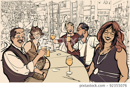 Paris, France Celebration toast. People clinking in a cafe restaurant Paris, France Celebration toast. People clinking in a cafe restaurant 92355076