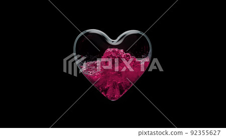 3d render a glass container in the form of a heart is filled with liquid with on a black background 92355627