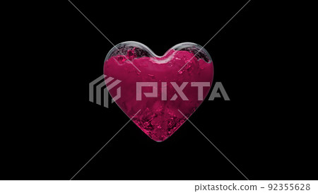3d render a glass container in the form of a heart is filled with liquid with on a black background 92355628