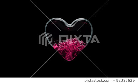3d render a glass container in the form of a heart is filled with liquid with on a black background 92355629