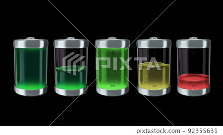 3d render Ecological battery charge with green liquid charging level indicators on a black background 3d render Ecological battery charge with green liquid charging level indicators on a black background 92355631