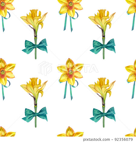Seamless pattern of yellow daffodils with bows and ribbons hand-painted in watercolor on a white background. 92356079