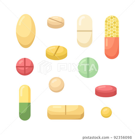 Vector set of illustrations of tablets and capsules. 92356098
