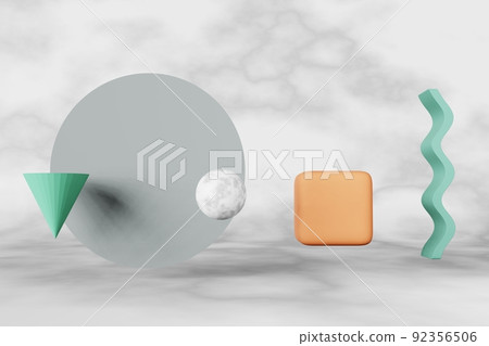 Marble sphere gray cilynder terracotta cube turquoise wave cone zero gravity abstract shapes 3D rendering Geometry scene Marble sphere gray cilynder terracotta cube turquoise wave cone zero gravity abstract shapes 3D rendering Geometry scene 92356506