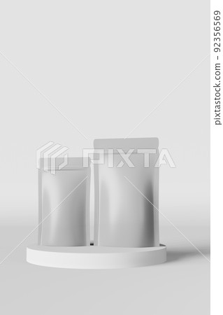 White pouch bags branding mockup matte podium background 3D render. Merchandise packaging design. Blank foil coffee pack 92356569
