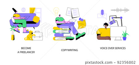 Independent entrepreneur abstract concept vector illustration set. Become a freelancer, copywriting service, voice over recording studio, writing article, narration, digital nomad abstract metaphor. 92356802