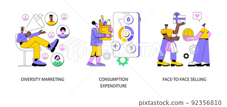 Buy and sell product abstract concept vector illustration set. Diversity marketing, consumption expenditure, face-to-face selling, consumer engagement, compulsive purchase abstract metaphor. Buy and sell product abstract concept vector illustration set. Diversity marketing, consumption expenditure, face-to-face selling, consumer engagement, compulsive purchase abstract metaphor. 92356810