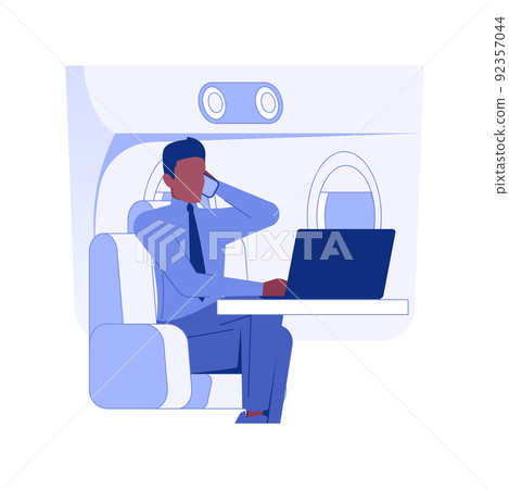 Personal workplace in the plane isolated concept vector illustration. Busy man with laptop and smartphone working in the play, business class travel, company executive vector concept. 92357044