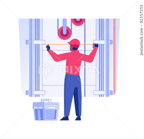Elevator installation isolated concept vector illustration. Worker with measuring tape, elevator installation process, commercial construction, building process, interior works vector concept. 92357255