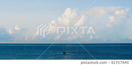 PANORAMA real photo natural cloudscape wallpaper. Beautiful white fluffy cumulus clouds summer blue sky calm sea horizon skyline. Concept atmosphere meteorology, more size and tone collection in stock 92357840