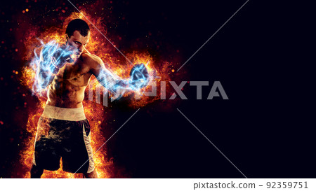 Boxing and fitness concept. Boxer man fighting or posing in gloves on black background with fire. Individual sports recreation. Energy and power Boxing and fitness concept. Boxer man fighting or posing in gloves on black background with fire. Individual sports recreation. Energy and power 92359751