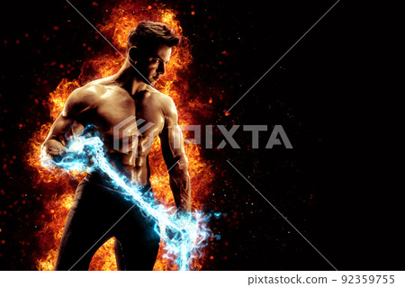 Muscular man with naked torso holding electric energy chain. Isolated on dark background with fire Muscular man with naked torso holding electric energy chain. Isolated on dark background with fire 92359755