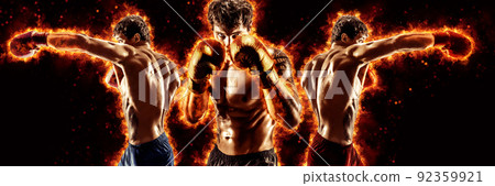3 boxers boxing on dark background with copy space. Sport concept. 3 boxers boxing on dark background with copy space. Sport concept. 92359921