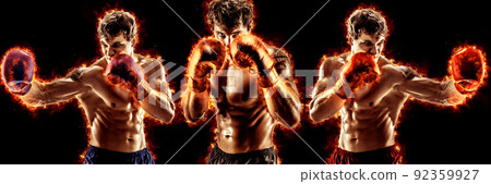 3 boxers boxing on dark background with copy space. Sport concept. 92359927