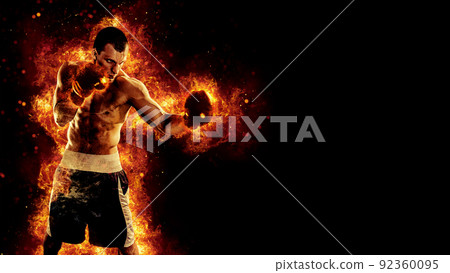Fighter man in fire. Sport advertising. MMA boxer 92360095
